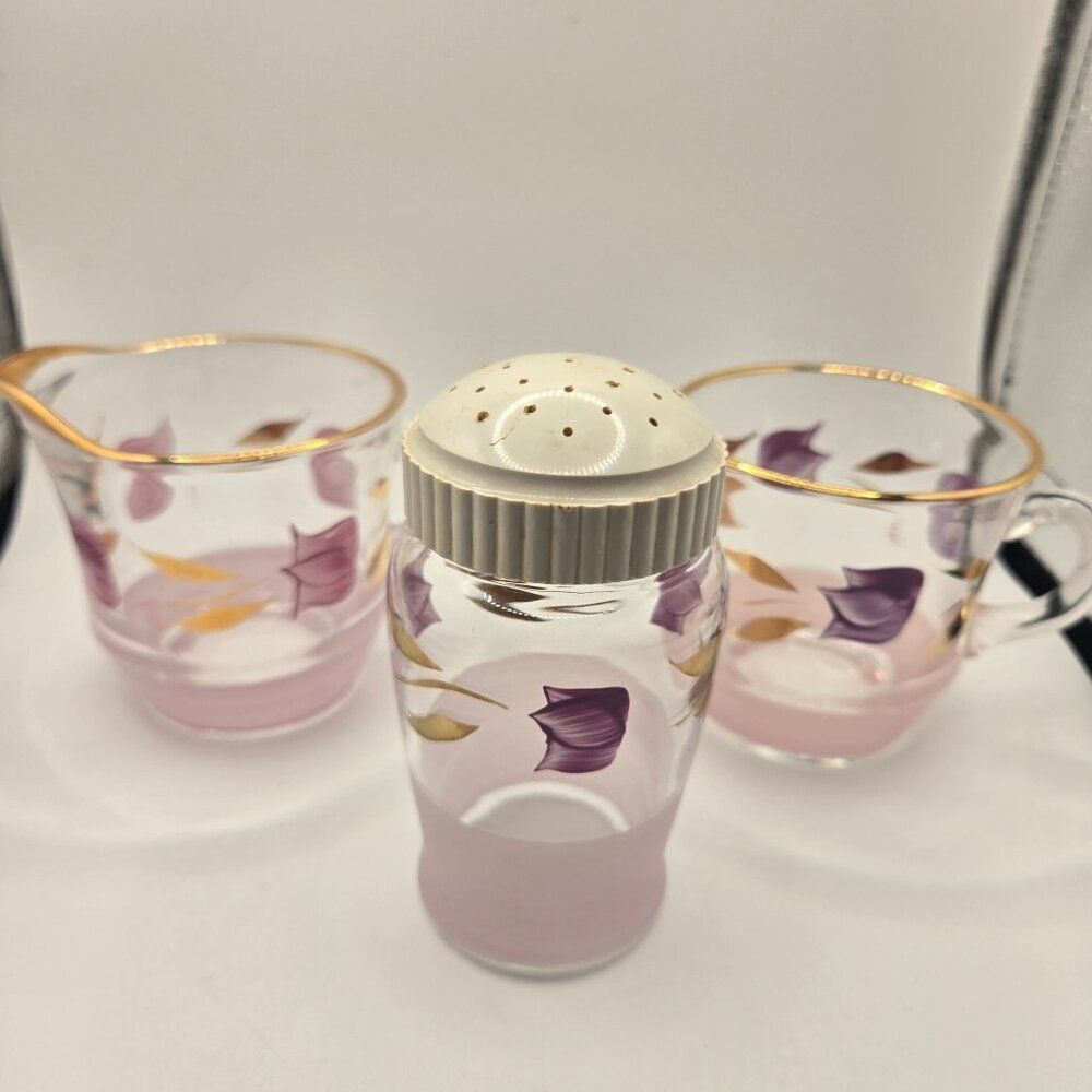 Vintage Glass Creamer Sugar Shaker Set Gold Rim Hand-Painted Purple Floral